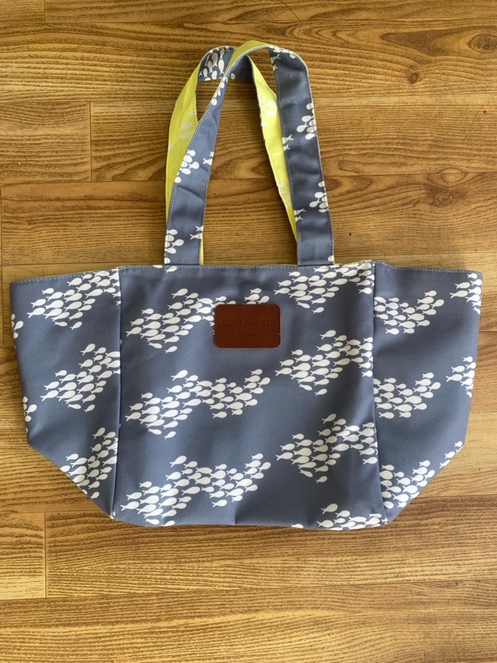 NWOT Fighting Eel Gray Canvas Tote with White Fish Print and Yellow Lining